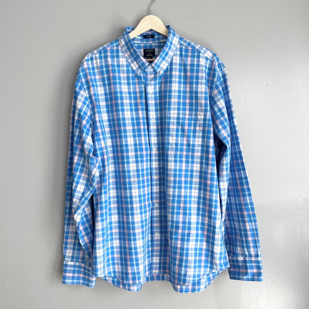 J.Crew Flex Washed Shirt Mens XL Blue Pink Plaid Slim Fit Preppy Casual
